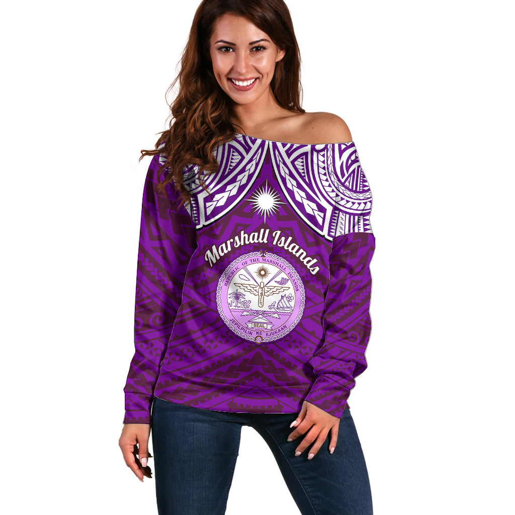 personalised-marshall-islands-off-shoulder-sweater-purple-polynesian-tribal-mix-coat-of-arms
