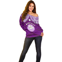 Personalised Marshall Islands Off Shoulder Sweater Purple Polynesian Tribal Mix Coat Of Arms - Wonder Print Shop