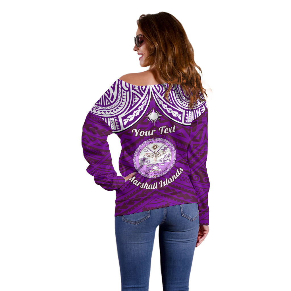 Personalised Marshall Islands Off Shoulder Sweater Purple Polynesian Tribal Mix Coat Of Arms - Wonder Print Shop