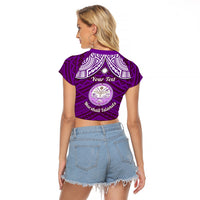 Personalised Marshall Islands Raglan Cropped T Shirt Purple Polynesian Tribal Mix Coat Of Arms - Wonder Print Shop