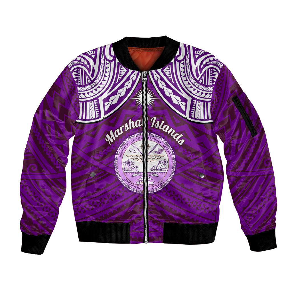 personalised-marshall-islands-sleeve-zip-bomber-jacket-purple-polynesian-tribal-mix-coat-of-arms