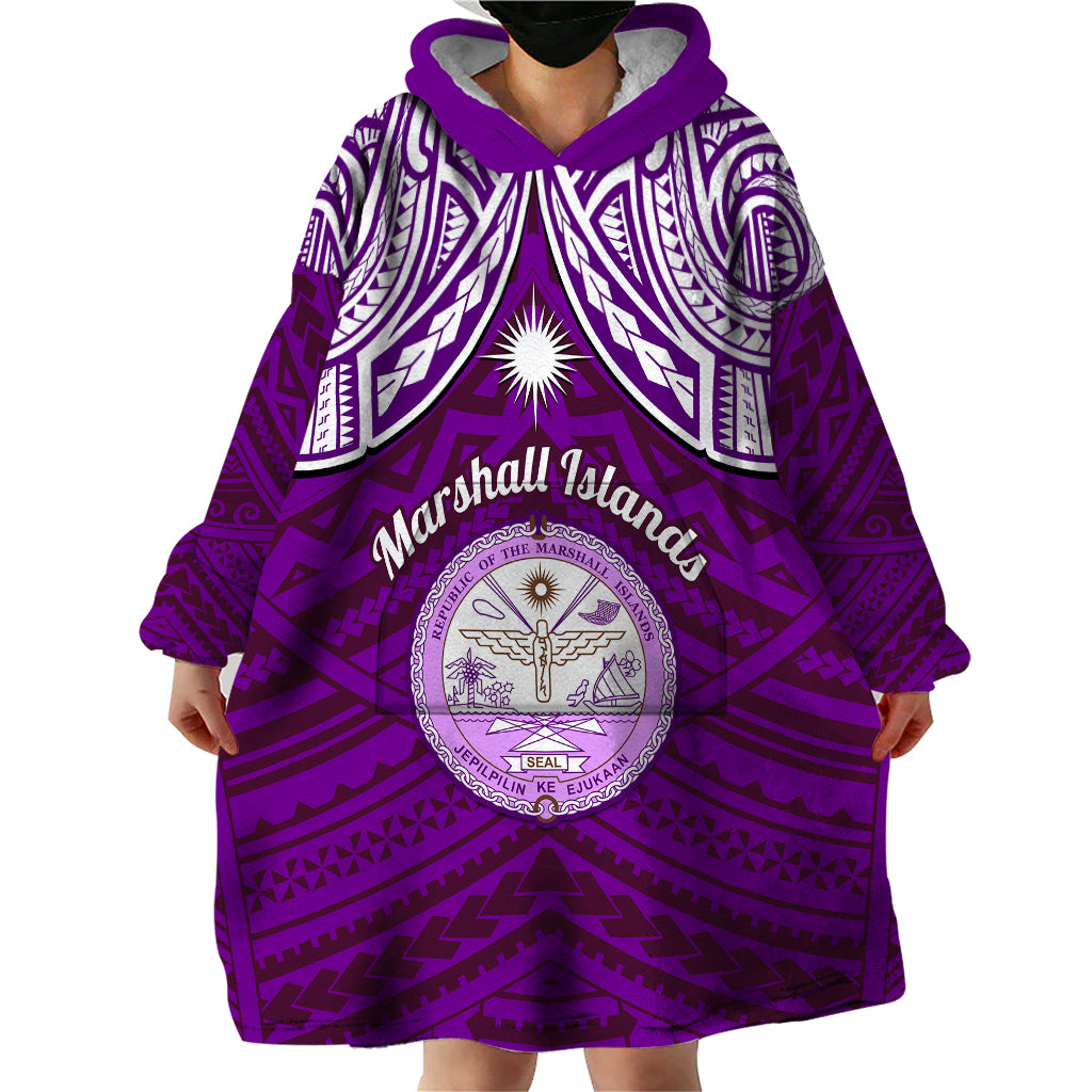 Personalised Marshall Islands Wearable Blanket Hoodie Purple Polynesian Tribal Mix Coat Of Arms - Wonder Print Shop