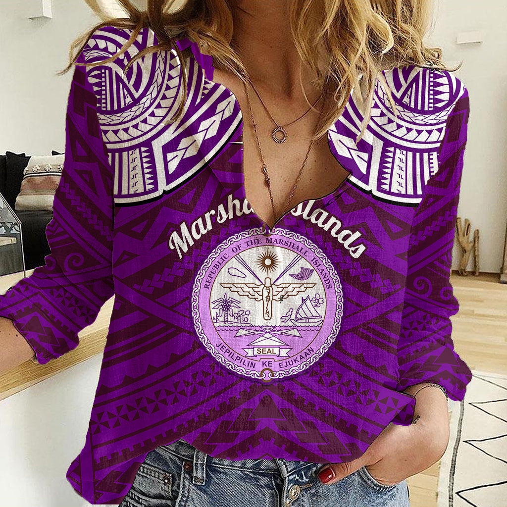 personalised-marshall-islands-women-casual-shirt-purple-polynesian-tribal-mix-coat-of-arms