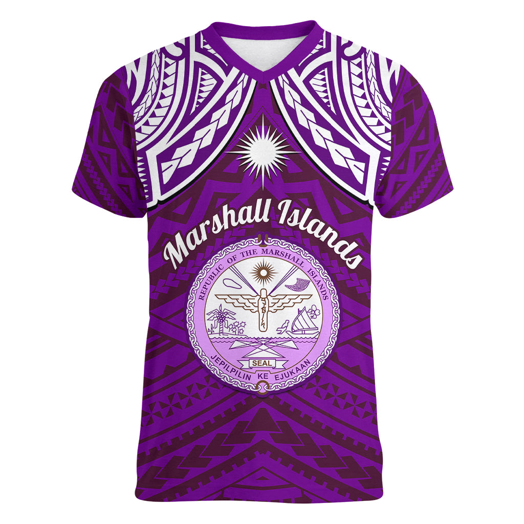 personalised-marshall-islands-women-v-neck-t-shirt-purple-polynesian-tribal-mix-coat-of-arms