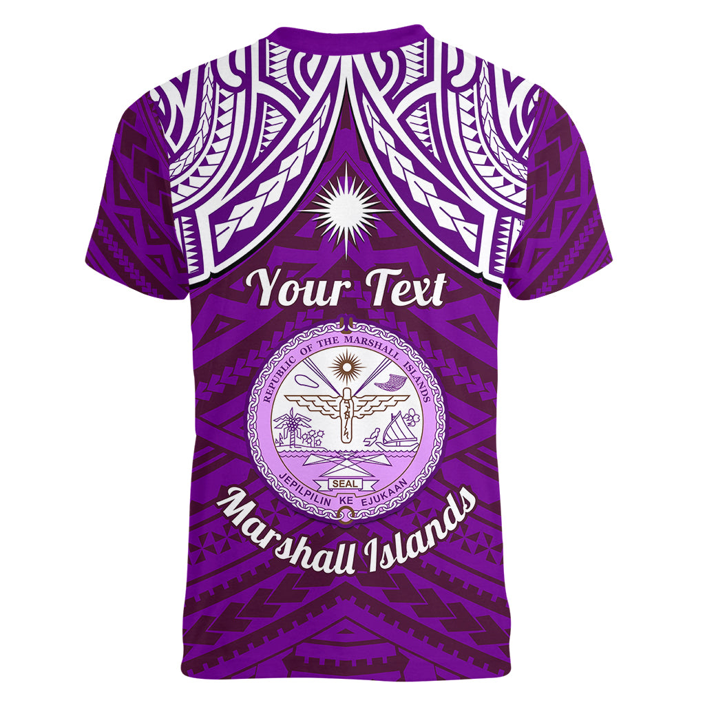 Personalised Marshall Islands Women V Neck T Shirt Purple Polynesian Tribal Mix Coat Of Arms - Wonder Print Shop