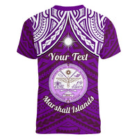 Personalised Marshall Islands Women V Neck T Shirt Purple Polynesian Tribal Mix Coat Of Arms - Wonder Print Shop