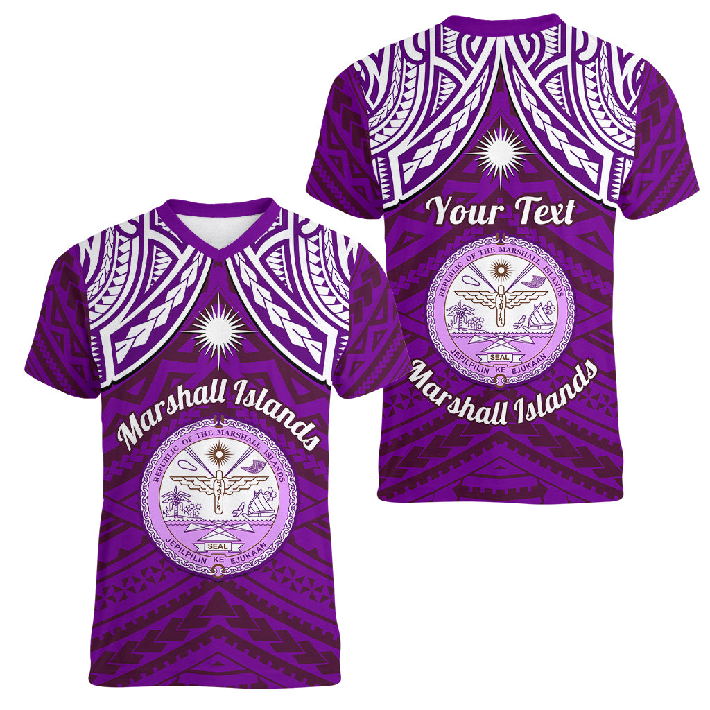 Personalised Marshall Islands Women V Neck T Shirt Purple Polynesian Tribal Mix Coat Of Arms - Wonder Print Shop