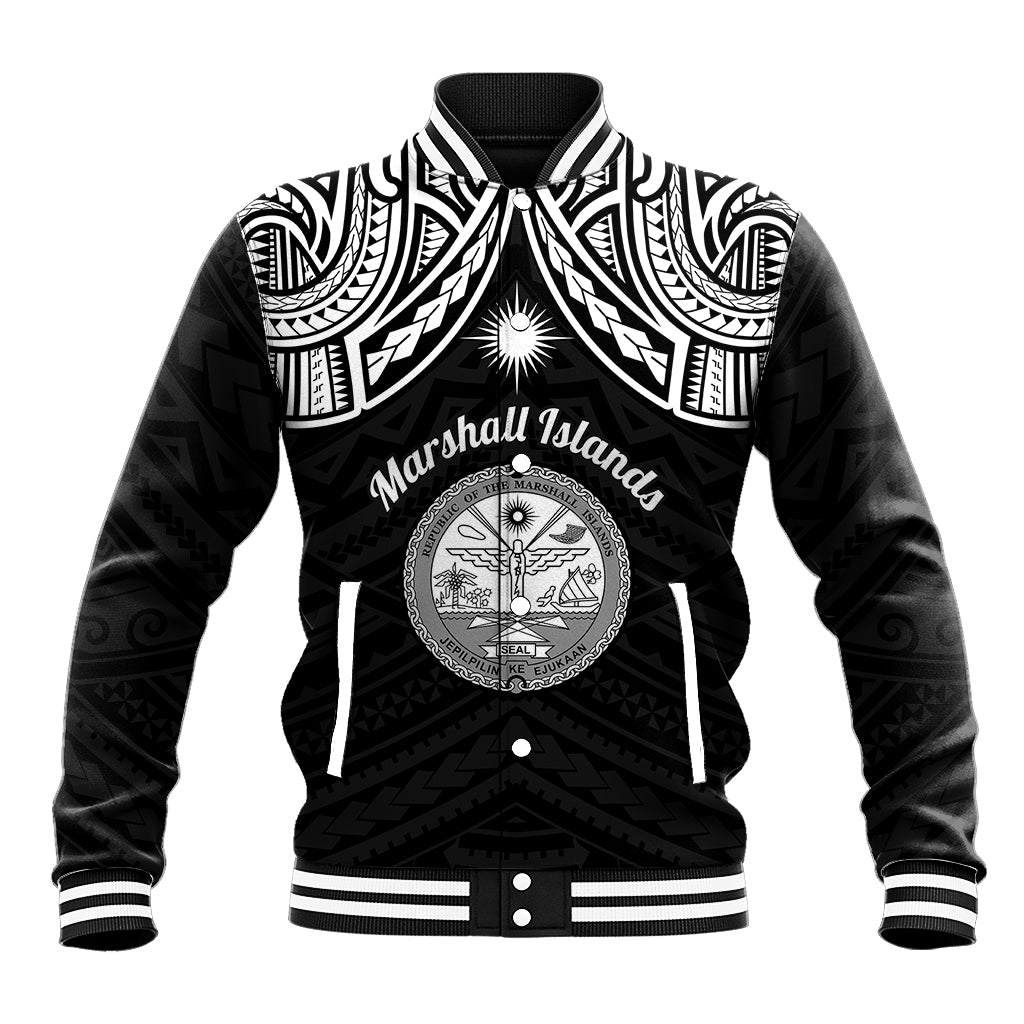 Personalised Marshall Islands Baseball Jacket Black Polynesian Tribal Mix Coat Of Arms - Wonder Print Shop