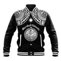 Personalised Marshall Islands Baseball Jacket Black Polynesian Tribal Mix Coat Of Arms - Wonder Print Shop