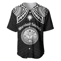 Personalised Marshall Islands Baseball Jersey Black Polynesian Tribal Mix Coat Of Arms - Wonder Print Shop