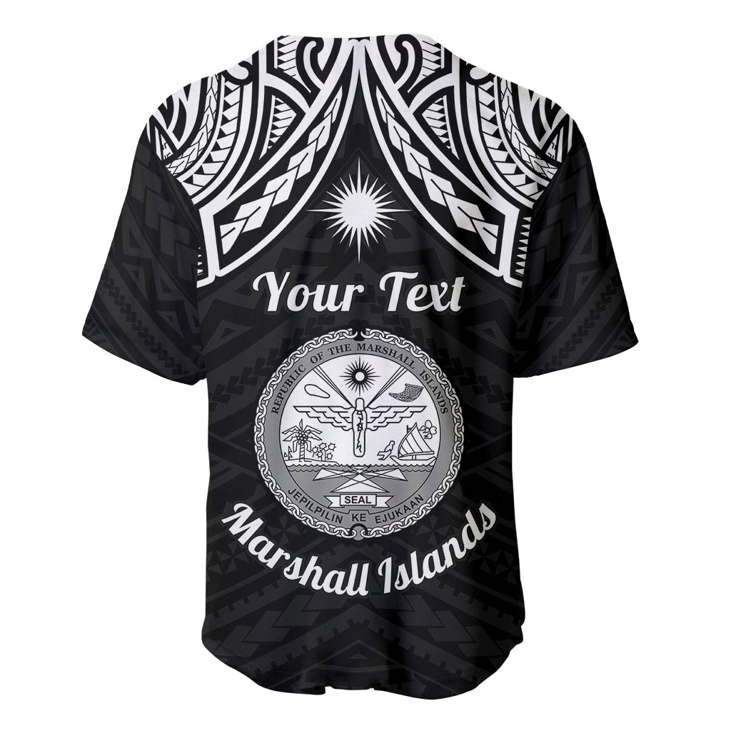 Personalised Marshall Islands Baseball Jersey Black Polynesian Tribal Mix Coat Of Arms - Wonder Print Shop