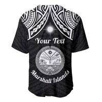 Personalised Marshall Islands Baseball Jersey Black Polynesian Tribal Mix Coat Of Arms - Wonder Print Shop