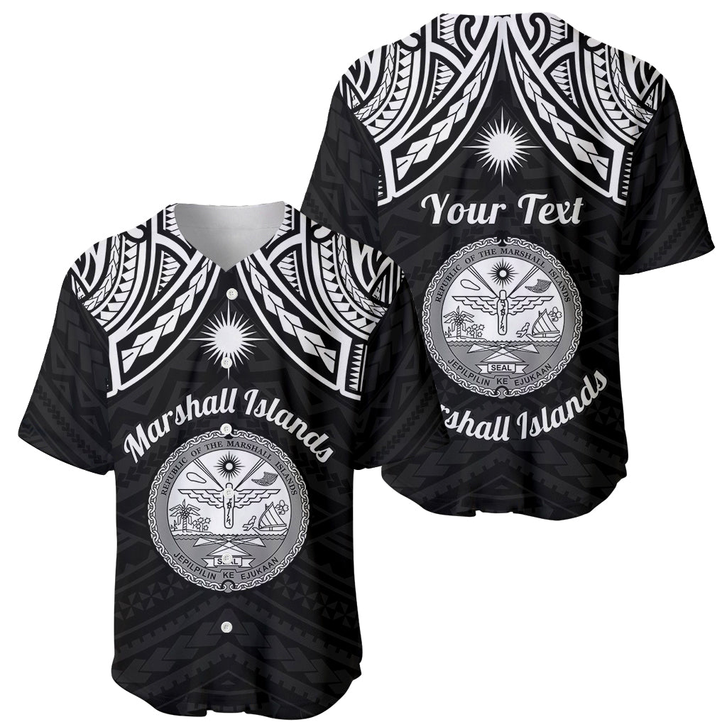 Personalised Marshall Islands Baseball Jersey Black Polynesian Tribal Mix Coat Of Arms - Wonder Print Shop