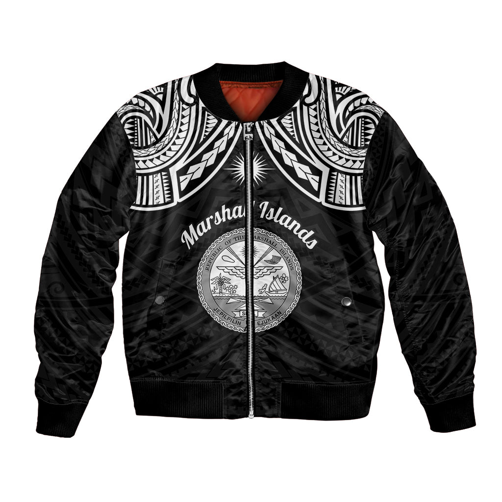 Personalised Marshall Islands Bomber Jacket Black Polynesian Tribal Mix Coat Of Arms - Wonder Print Shop