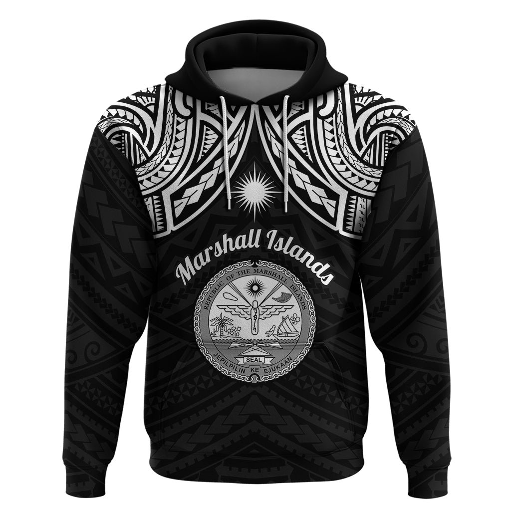 Personalised Marshall Islands Hoodie Black Polynesian Tribal Mix Coat Of Arms - Wonder Print Shop
