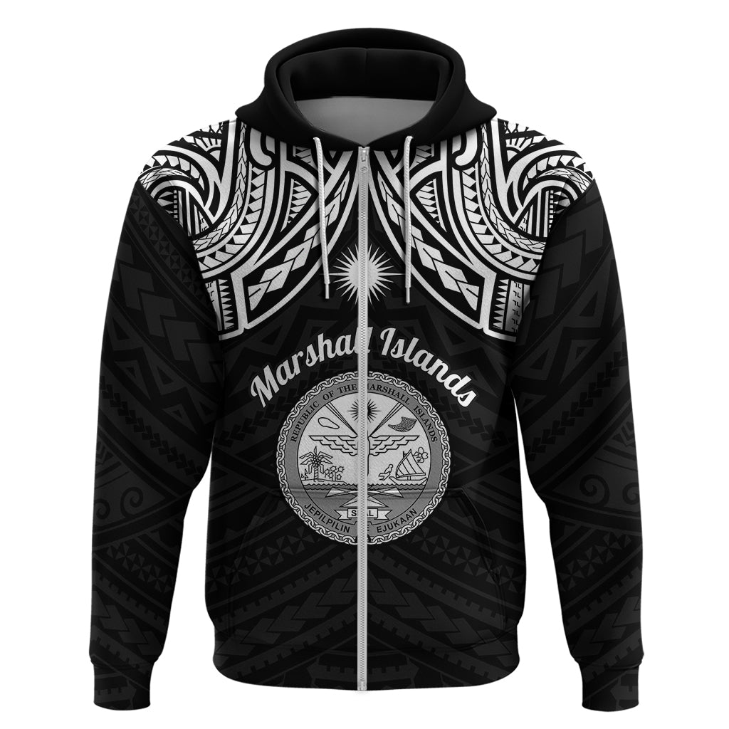 Personalised Marshall Islands Hoodie Black Polynesian Tribal Mix Coat Of Arms - Wonder Print Shop