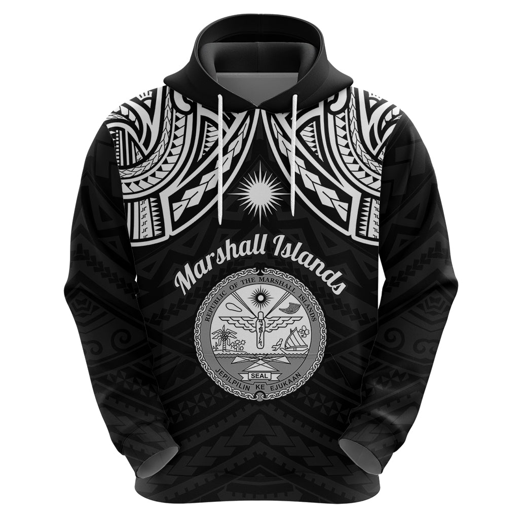 Personalised Marshall Islands Hoodie Black Polynesian Tribal Mix Coat Of Arms - Wonder Print Shop