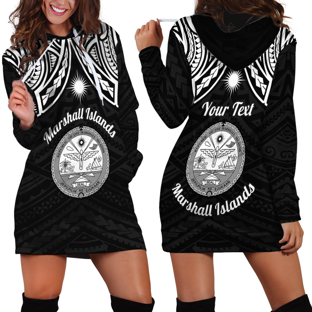 Personalised Marshall Islands Hoodie Dress Black Polynesian Tribal Mix Coat Of Arms - Wonder Print Shop