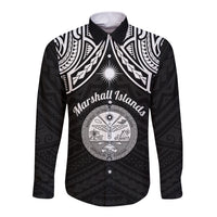 Personalised Marshall Islands Long Sleeve Button Shirt Black Polynesian Tribal Mix Coat Of Arms - Wonder Print Shop