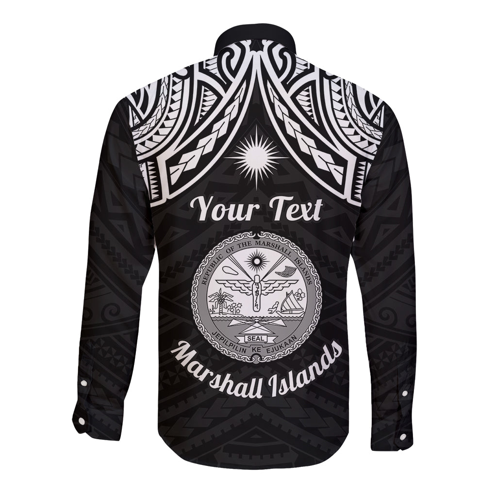 Personalised Marshall Islands Long Sleeve Button Shirt Black Polynesian Tribal Mix Coat Of Arms - Wonder Print Shop