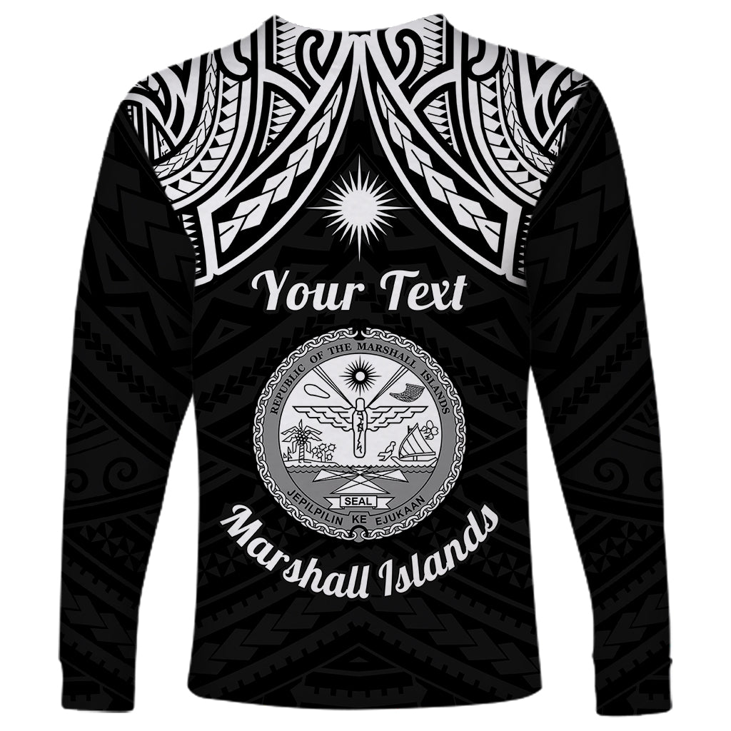 Personalised Marshall Islands Long Sleeve Shirt Black Polynesian Tribal Mix Coat Of Arms - Wonder Print Shop