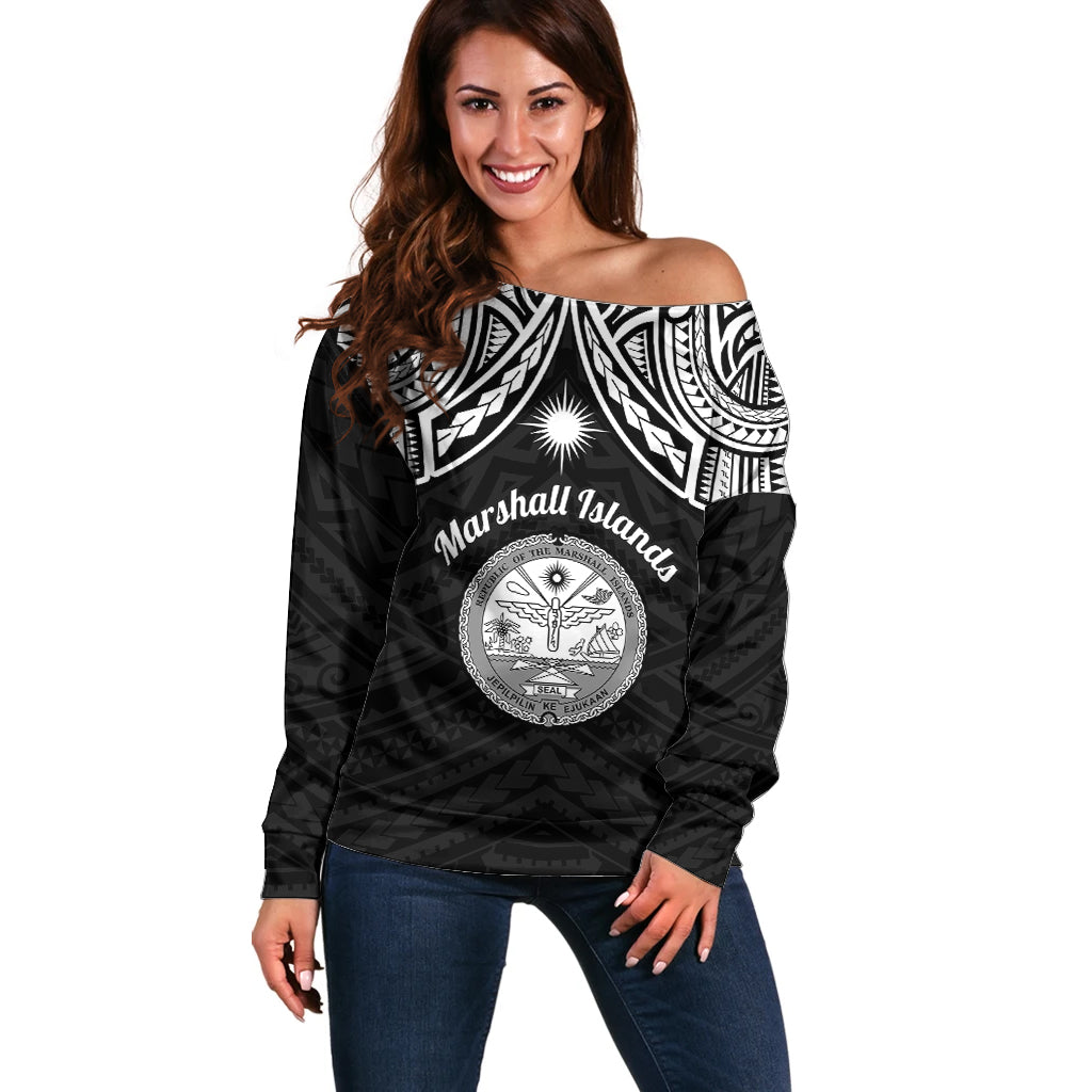 Personalised Marshall Islands Off Shoulder Sweater Black Polynesian Tribal Mix Coat Of Arms - Wonder Print Shop