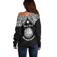 Personalised Marshall Islands Off Shoulder Sweater Black Polynesian Tribal Mix Coat Of Arms - Wonder Print Shop