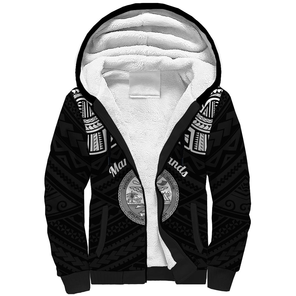 Personalised Marshall Islands Sherpa Hoodie Black Polynesian Tribal Mix Coat Of Arms - Wonder Print Shop