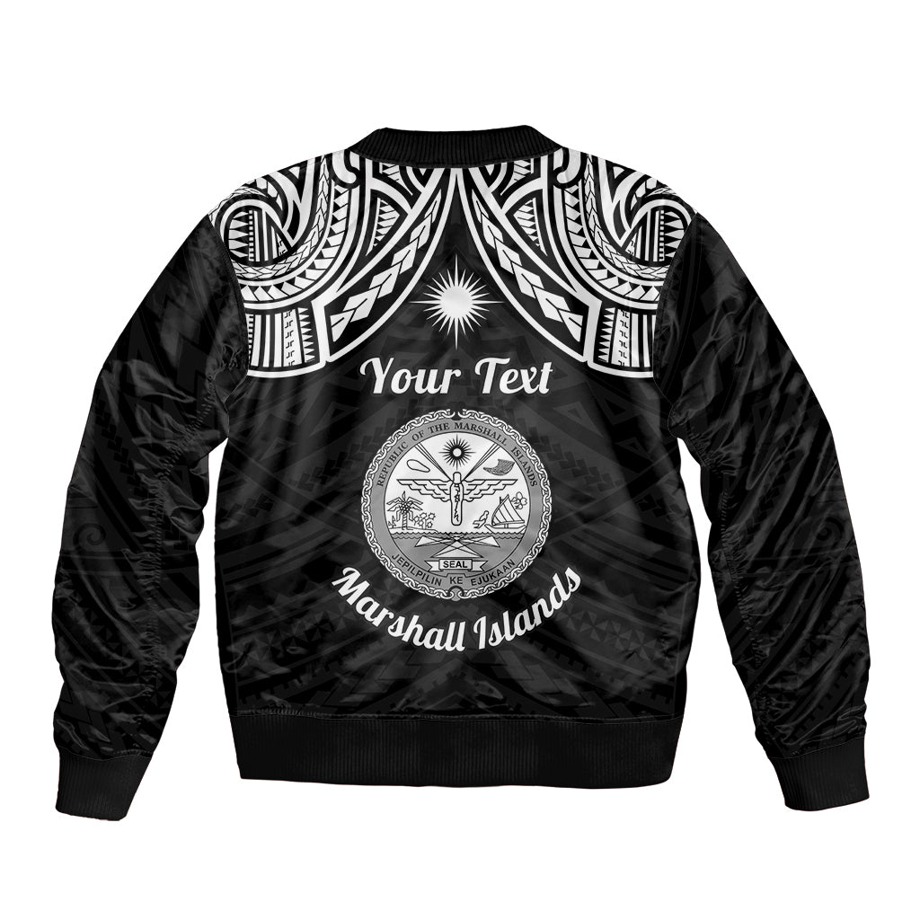 Personalised Marshall Islands Sleeve Zip Bomber Jacket Black Polynesian Tribal Mix Coat Of Arms - Wonder Print Shop