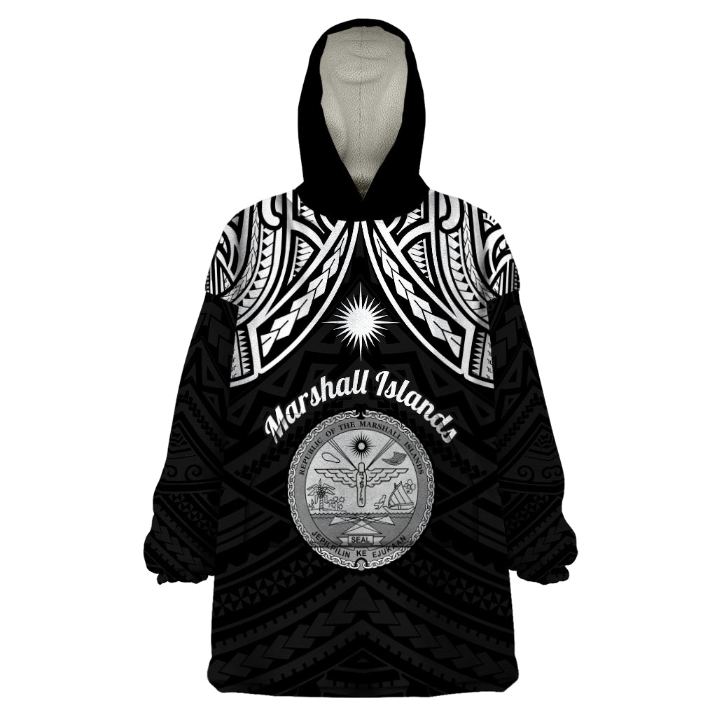 Personalised Marshall Islands Wearable Blanket Hoodie Black Polynesian Tribal Mix Coat Of Arms - Wonder Print Shop
