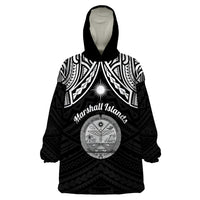 Personalised Marshall Islands Wearable Blanket Hoodie Black Polynesian Tribal Mix Coat Of Arms - Wonder Print Shop