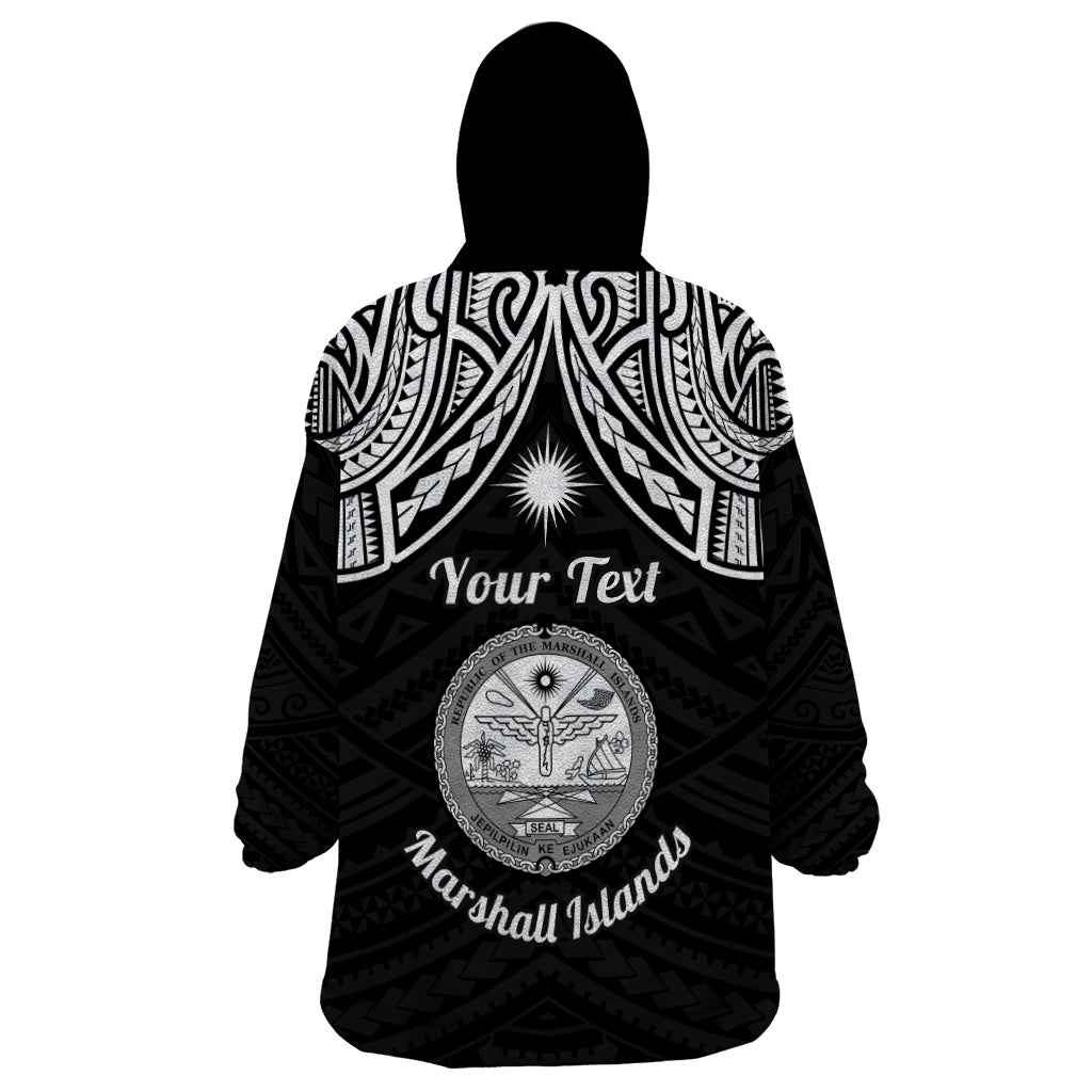 Personalised Marshall Islands Wearable Blanket Hoodie Black Polynesian Tribal Mix Coat Of Arms - Wonder Print Shop