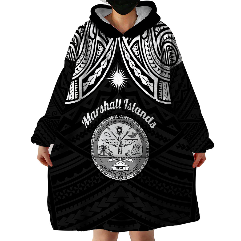 Personalised Marshall Islands Wearable Blanket Hoodie Black Polynesian Tribal Mix Coat Of Arms - Wonder Print Shop