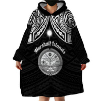 Personalised Marshall Islands Wearable Blanket Hoodie Black Polynesian Tribal Mix Coat Of Arms - Wonder Print Shop