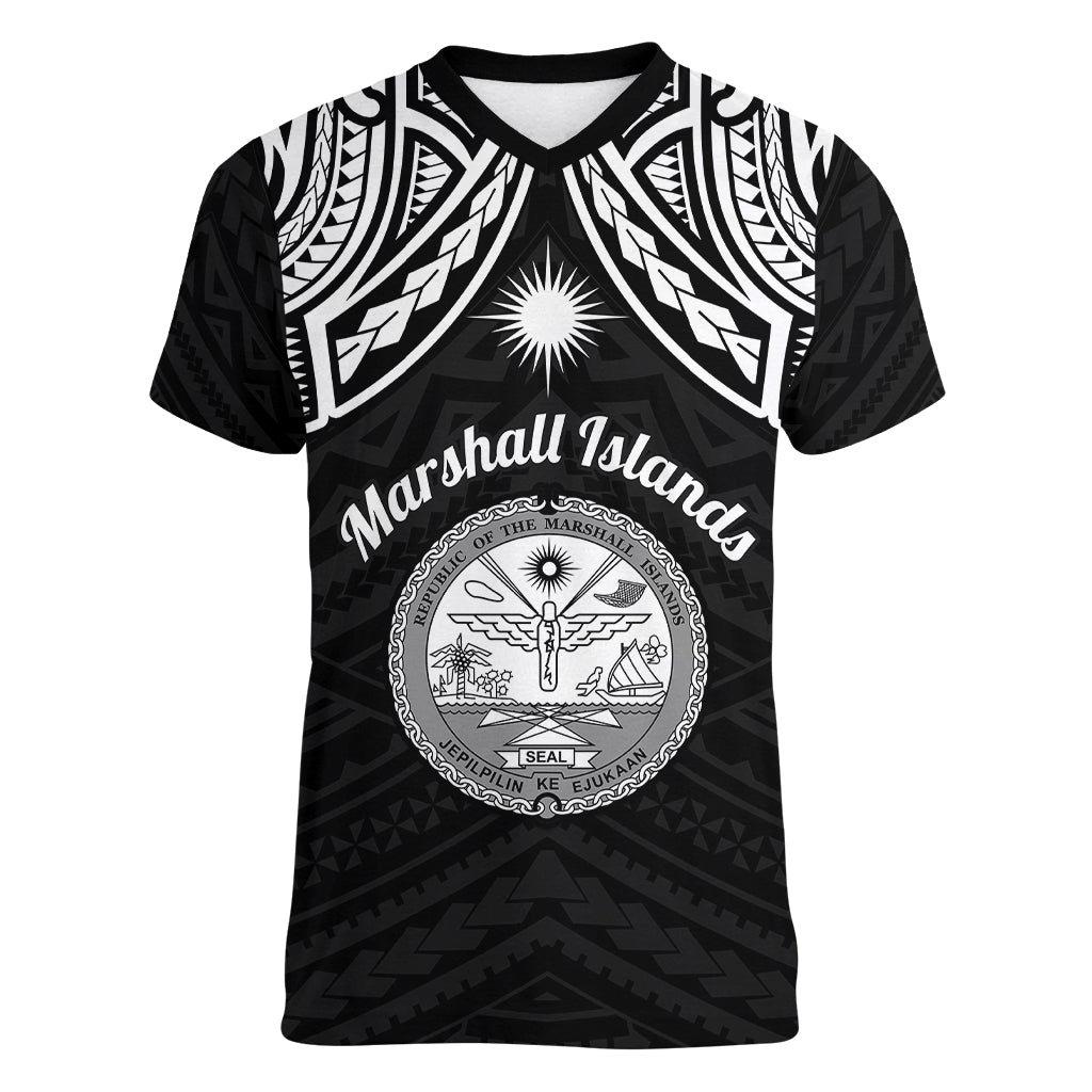 personalised-marshall-islands-women-v-neck-t-shirt-black-polynesian-tribal-mix-coat-of-arms