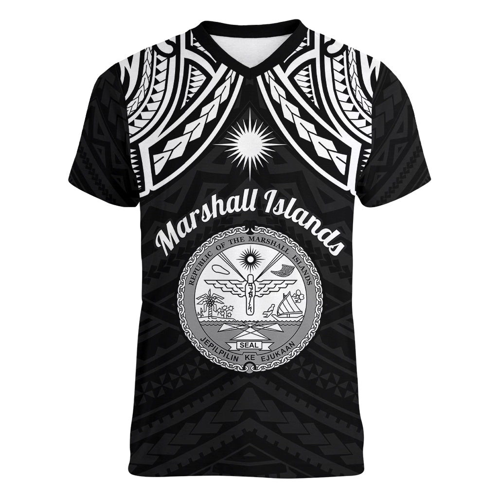 Personalised Marshall Islands Women V Neck T Shirt Black Polynesian Tribal Mix Coat Of Arms - Wonder Print Shop
