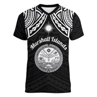 Personalised Marshall Islands Women V Neck T Shirt Black Polynesian Tribal Mix Coat Of Arms - Wonder Print Shop