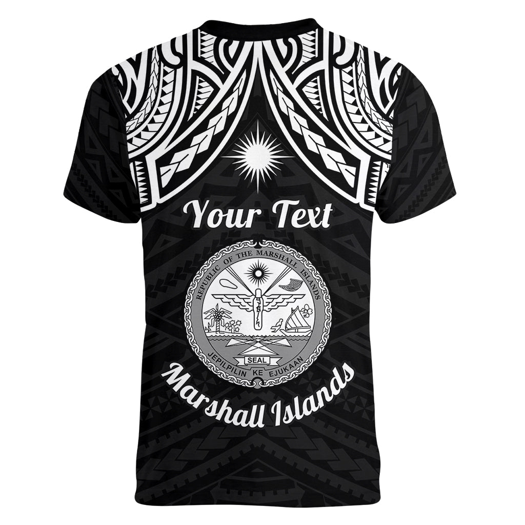 Personalised Marshall Islands Women V Neck T Shirt Black Polynesian Tribal Mix Coat Of Arms - Wonder Print Shop