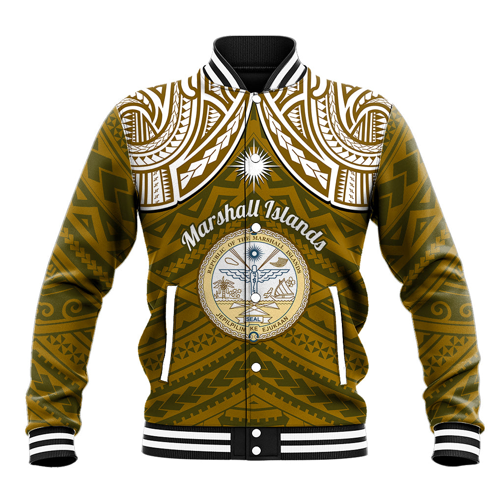 Personalised Marshall Islands Baseball Jacket Gold Polynesian Tribal Mix Coat Of Arms - Wonder Print Shop