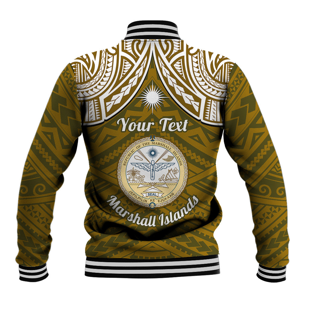 Personalised Marshall Islands Baseball Jacket Gold Polynesian Tribal Mix Coat Of Arms - Wonder Print Shop