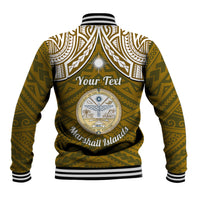 Personalised Marshall Islands Baseball Jacket Gold Polynesian Tribal Mix Coat Of Arms - Wonder Print Shop