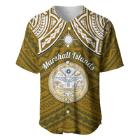 Personalised Marshall Islands Baseball Jersey Gold Polynesian Tribal Mix Coat Of Arms - Wonder Print Shop