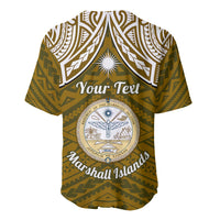 Personalised Marshall Islands Baseball Jersey Gold Polynesian Tribal Mix Coat Of Arms - Wonder Print Shop