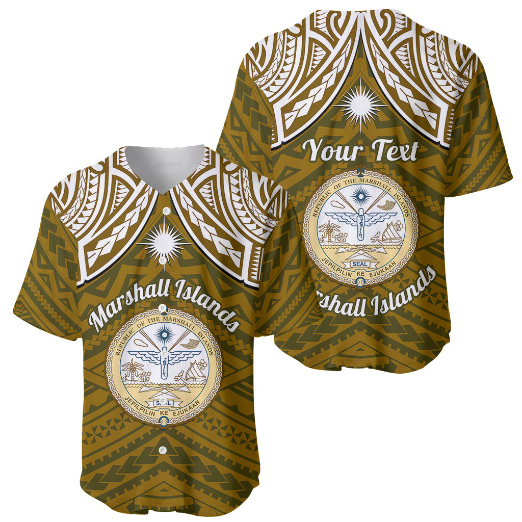 Personalised Marshall Islands Baseball Jersey Gold Polynesian Tribal Mix Coat Of Arms - Wonder Print Shop
