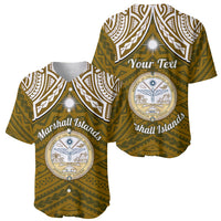 Personalised Marshall Islands Baseball Jersey Gold Polynesian Tribal Mix Coat Of Arms - Wonder Print Shop