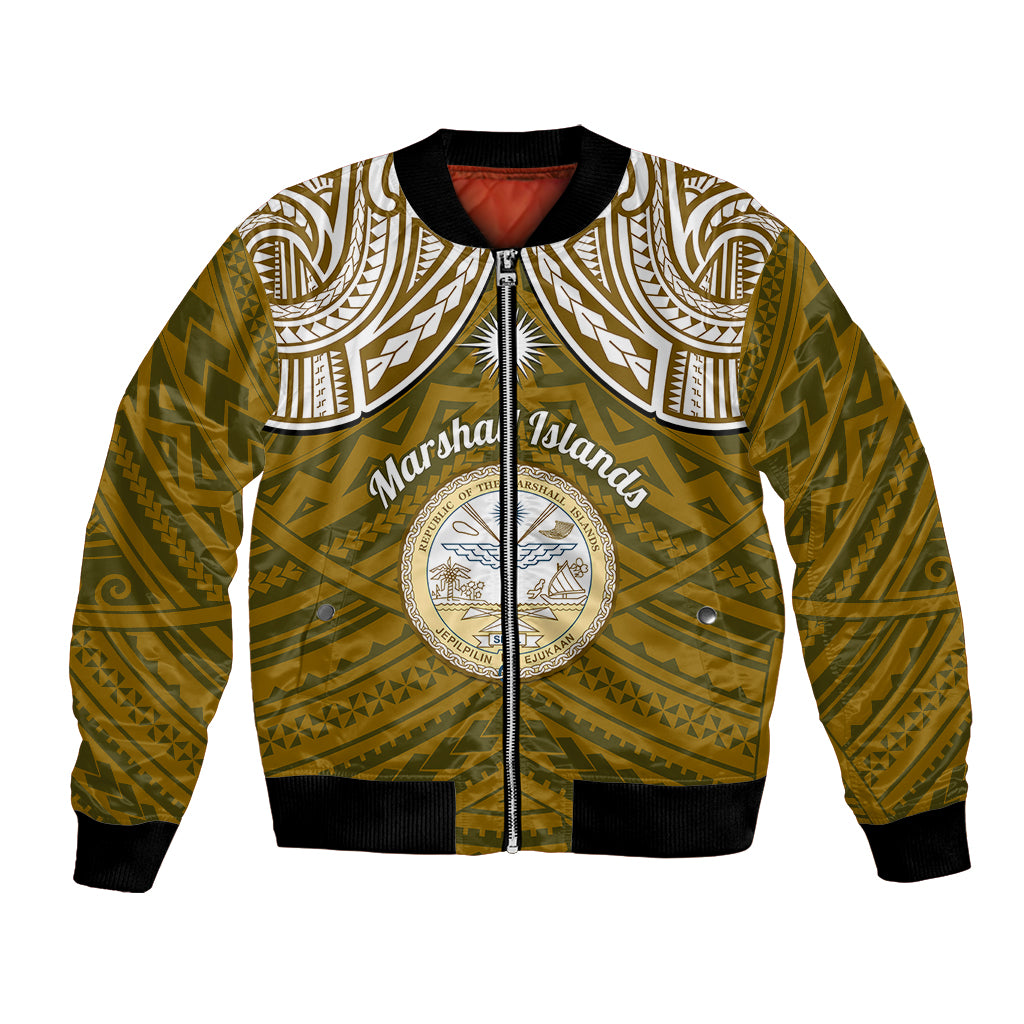 Personalised Marshall Islands Bomber Jacket Gold Polynesian Tribal Mix Coat Of Arms - Wonder Print Shop