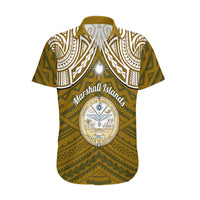 Personalised Marshall Islands Hawaiian Shirt Gold Polynesian Tribal Mix Coat Of Arms - Wonder Print Shop