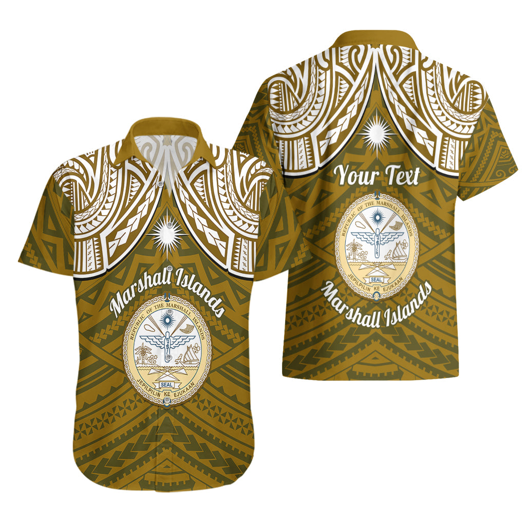 Personalised Marshall Islands Hawaiian Shirt Gold Polynesian Tribal Mix Coat Of Arms - Wonder Print Shop