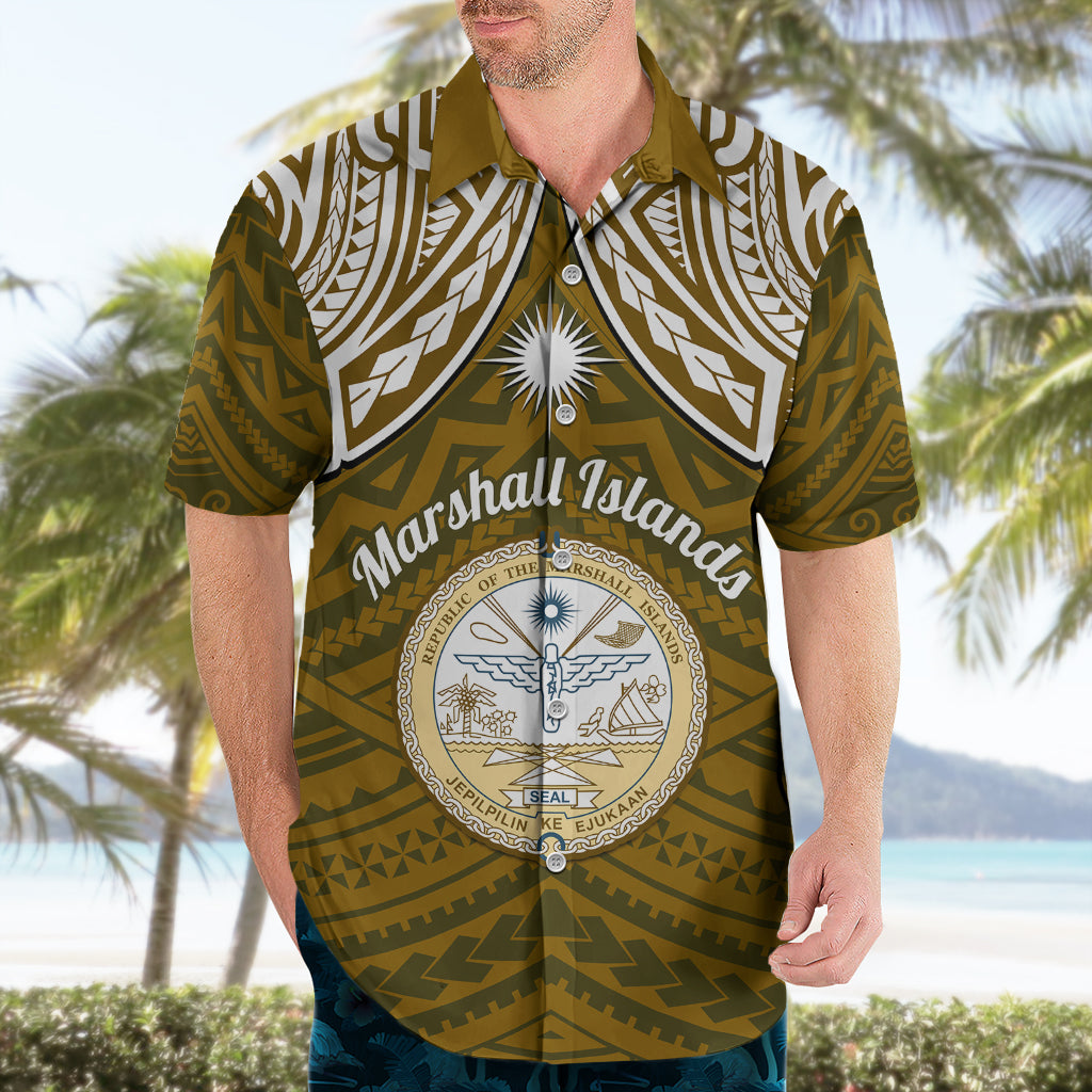 Personalised Marshall Islands Hawaiian Shirt Gold Polynesian Tribal Mix Coat Of Arms - Wonder Print Shop