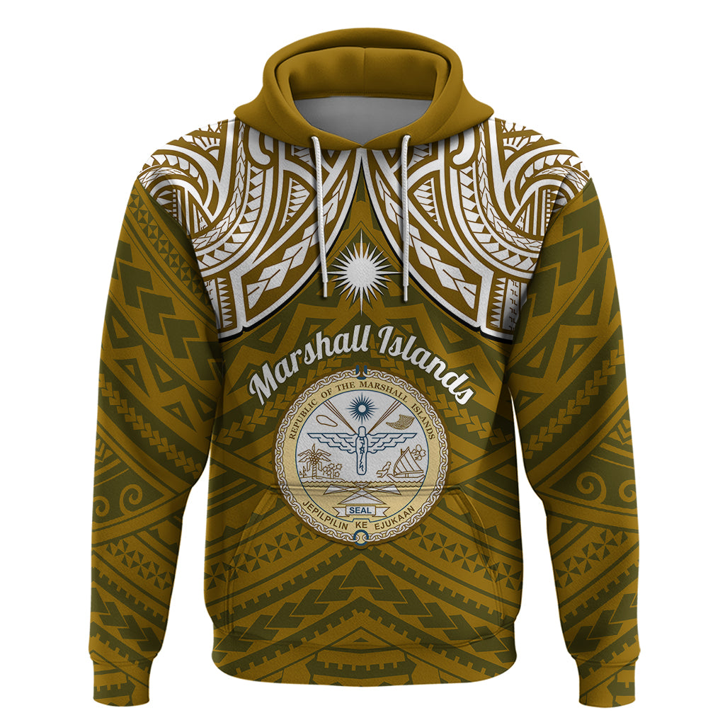Personalised Marshall Islands Hoodie Gold Polynesian Tribal Mix Coat Of Arms - Wonder Print Shop